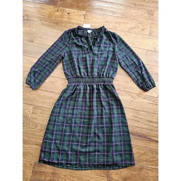 J. Crew Tartan Plaid Dress Ruffle Tie Collar Puff Sleeve Academia Preppy M NWT - Picture 2 of 14